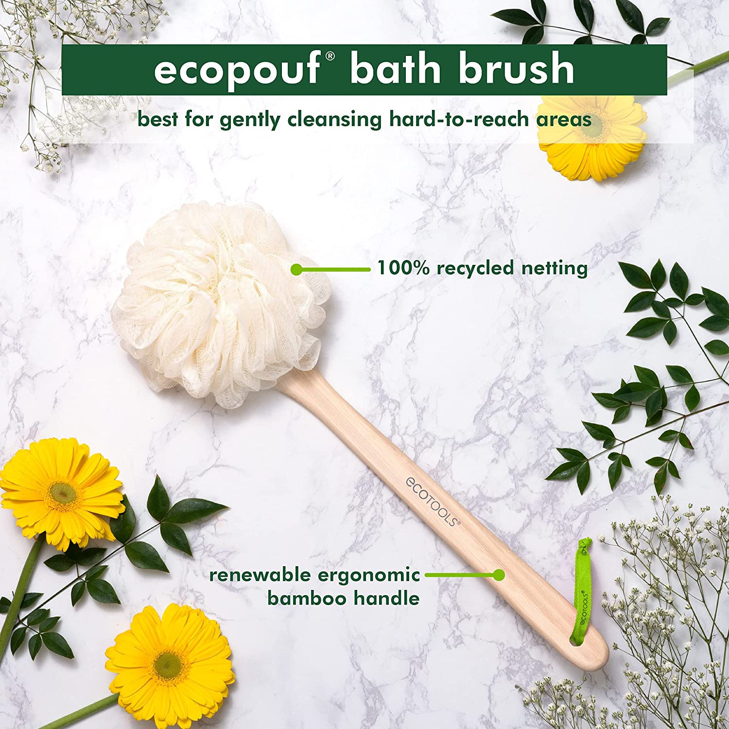 EcoTools EcoPouf Bath Brush, Shower Loofah with Ergonomic Handle, Cleans Hard to Reach Areas, Deep C