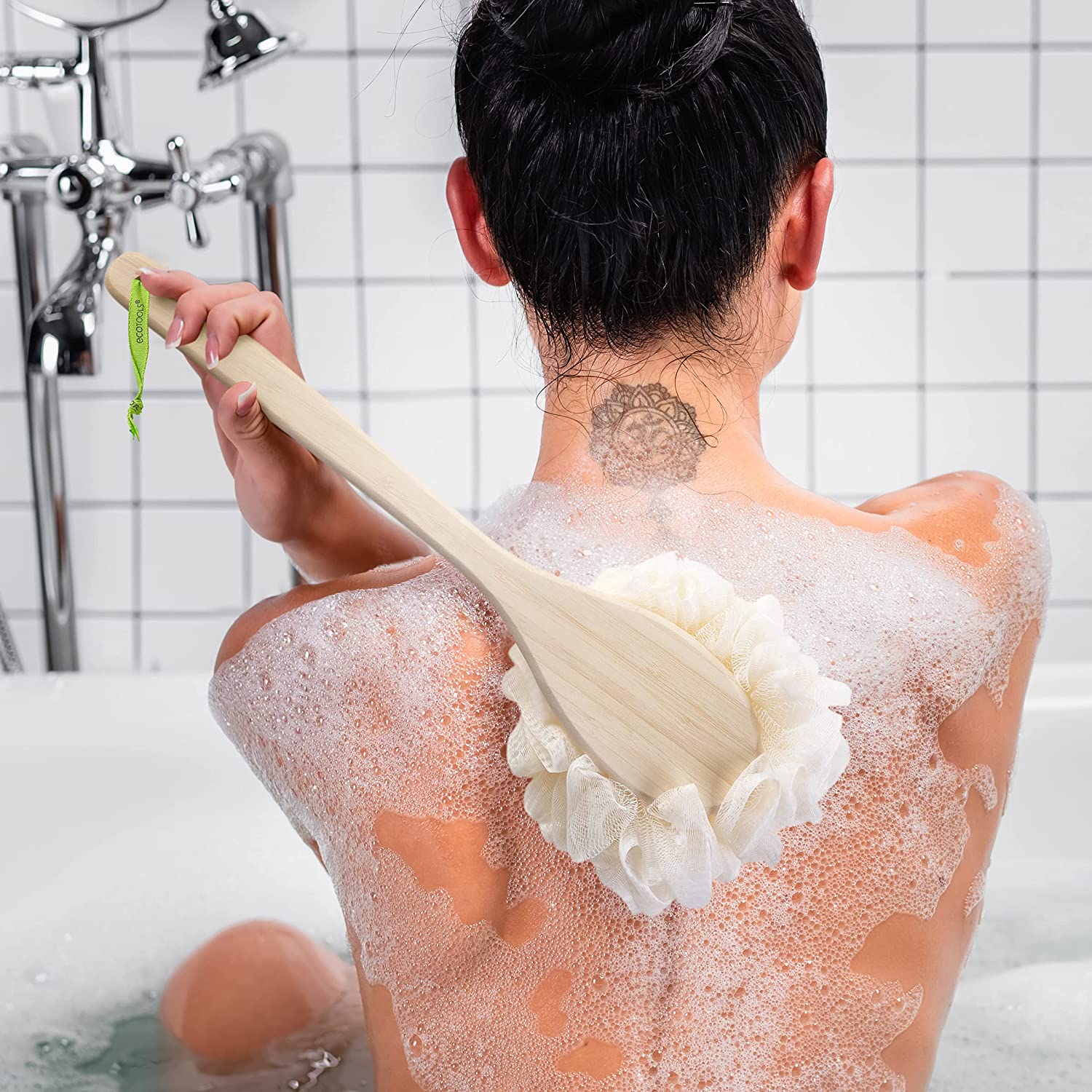 EcoTools EcoPouf Bath Brush, Shower Loofah with Ergonomic Handle, Cleans Hard to Reach Areas, Deep C