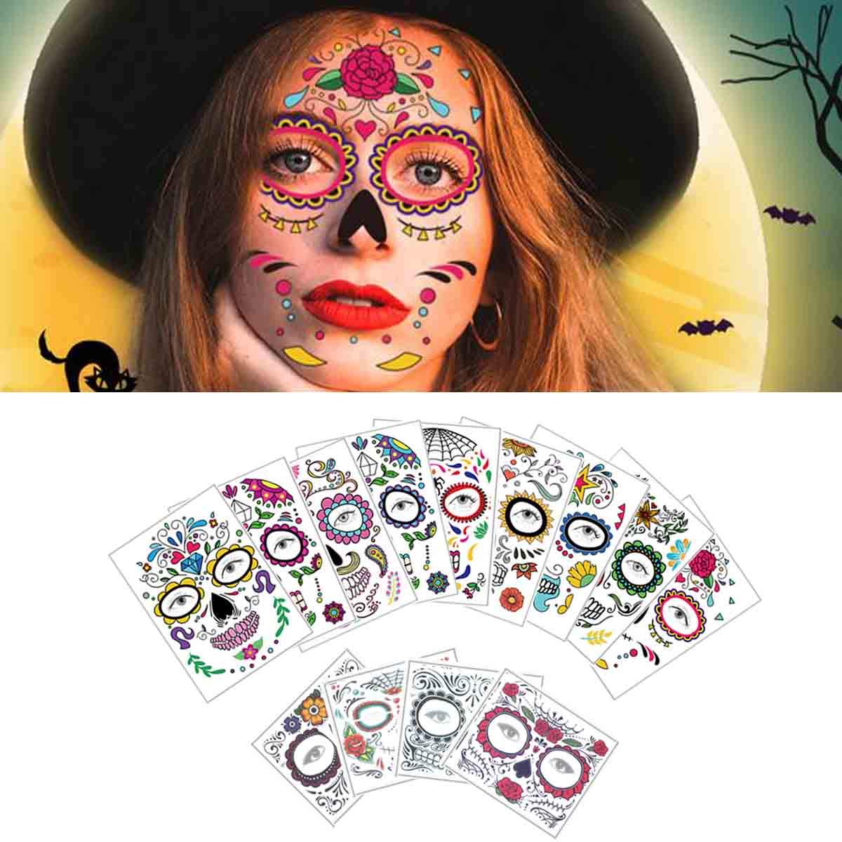 COKOHAPPY Halloween Temporary Face Tattoos Makeup Kit (13 Pack), Day of the Dead Sugar Skull Floral