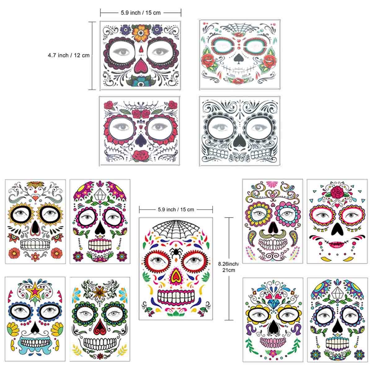 COKOHAPPY Halloween Temporary Face Tattoos Makeup Kit (13 Pack), Day of the Dead Sugar Skull Floral