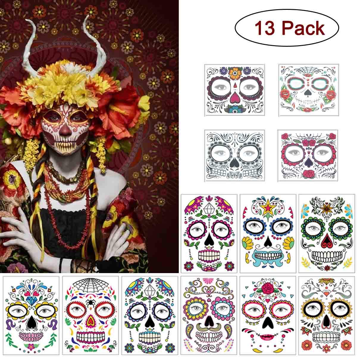 COKOHAPPY Halloween Temporary Face Tattoos Makeup Kit (13 Pack), Day of the Dead Sugar Skull Floral
