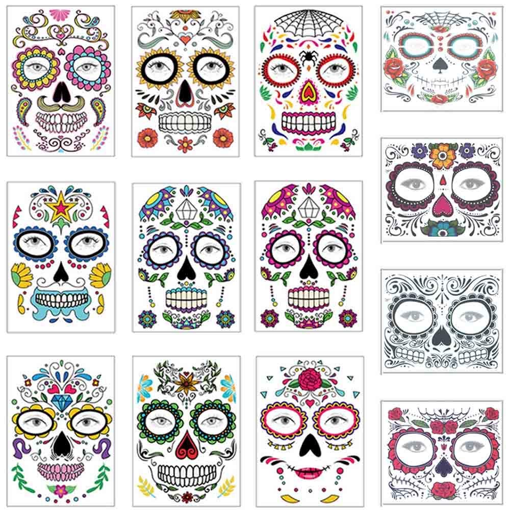 COKOHAPPY Halloween Temporary Face Tattoos Makeup Kit (13 Pack), Day of the Dead Sugar Skull Floral
