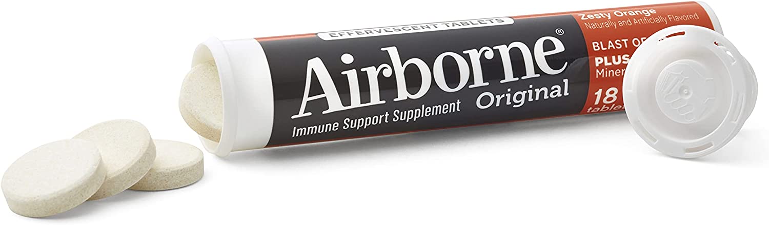 Airborne Vitamin C 1000mg (per serving) - Zesty Orange Effervescent Tablets (36 count in a box), Glu