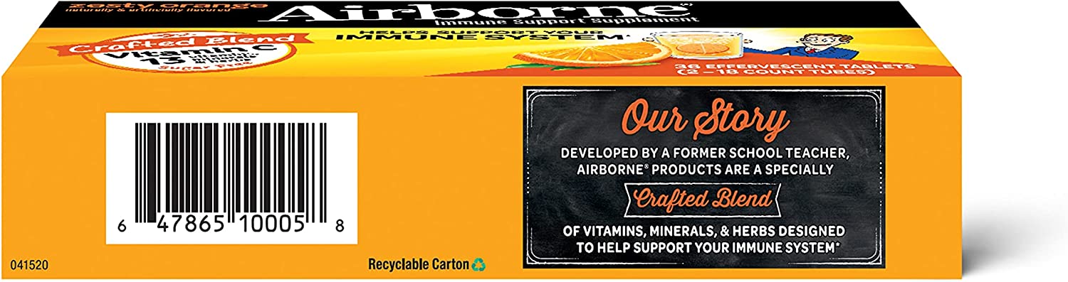 Airborne Vitamin C 1000mg (per serving) - Zesty Orange Effervescent Tablets (36 count in a box), Glu