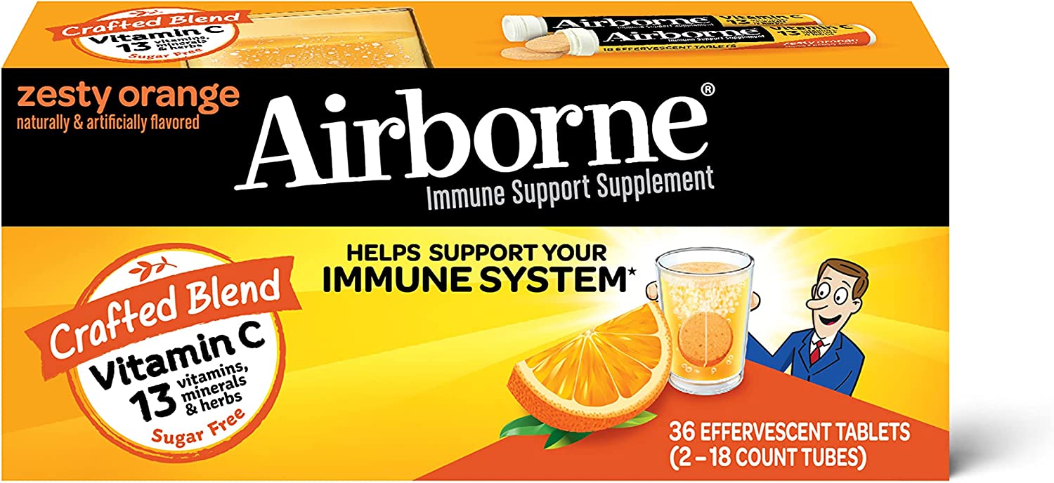 Airborne Vitamin C 1000mg (per serving) - Zesty Orange Effervescent Tablets (36 count in a box), Glu
