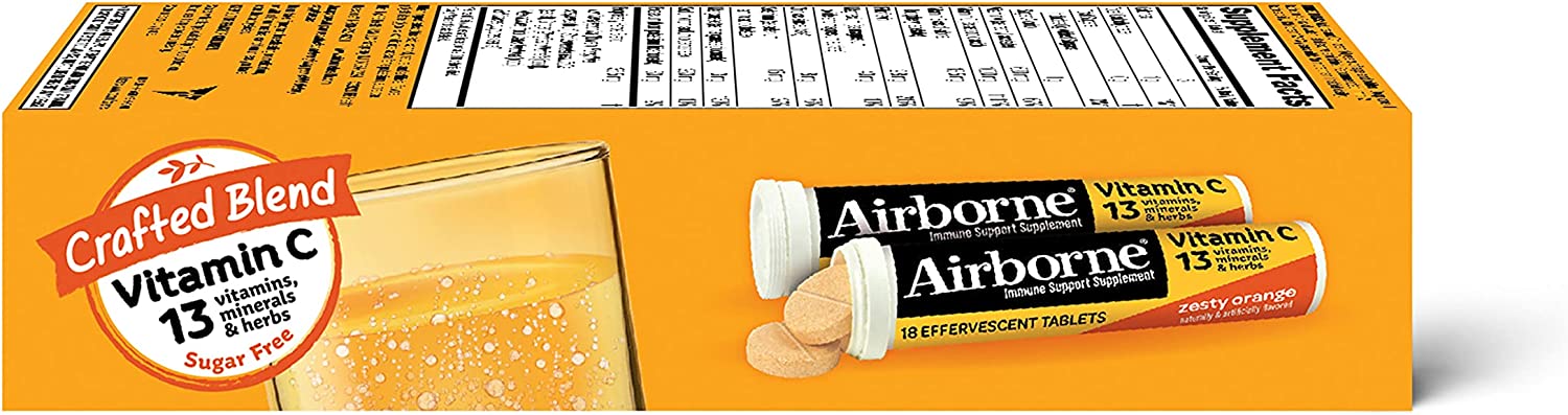 Airborne Vitamin C 1000mg (per serving) - Zesty Orange Effervescent Tablets (36 count in a box), Glu