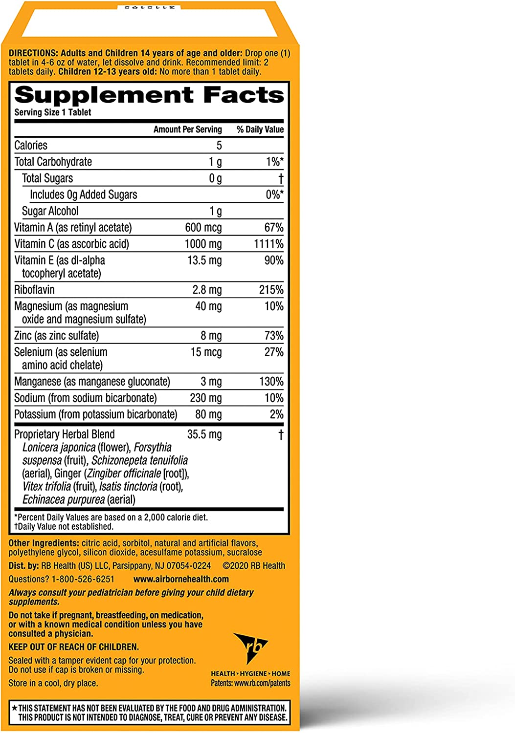 Airborne Vitamin C 1000mg (per serving) - Zesty Orange Effervescent Tablets (36 count in a box), Glu