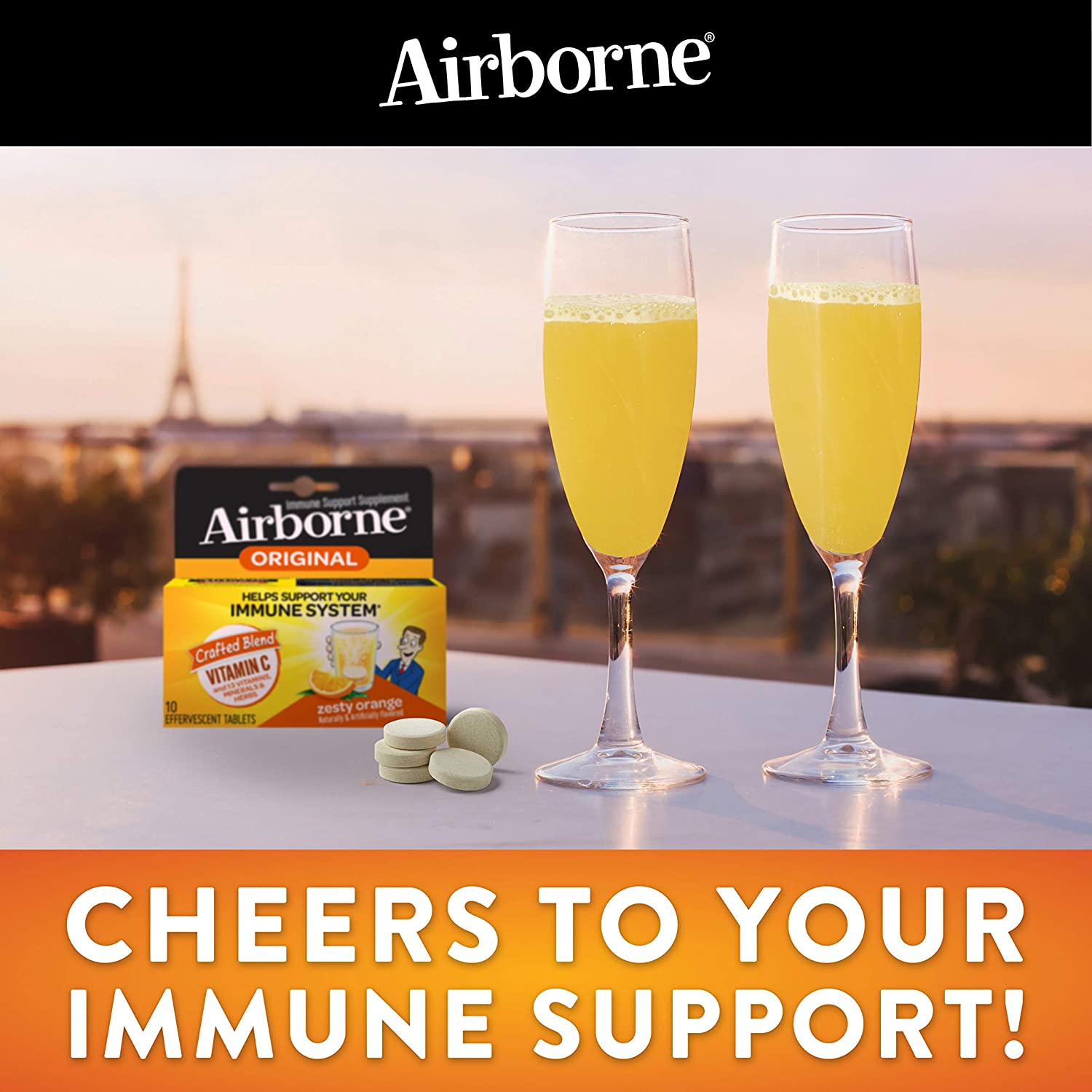 Airborne Vitamin C 1000mg (per serving) - Zesty Orange Effervescent Tablets (36 count in a box), Glu