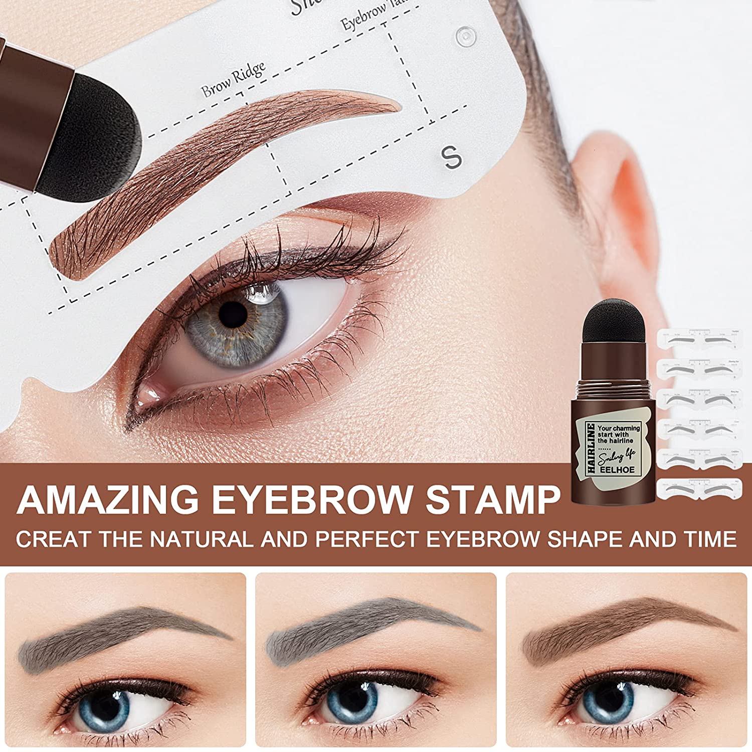 One Step Eyebrow Stamp Shaping Kit,Waterproof Eyebrow Stamp Kit,6 Pairs Reusable Eyebrow Stencils,Ey