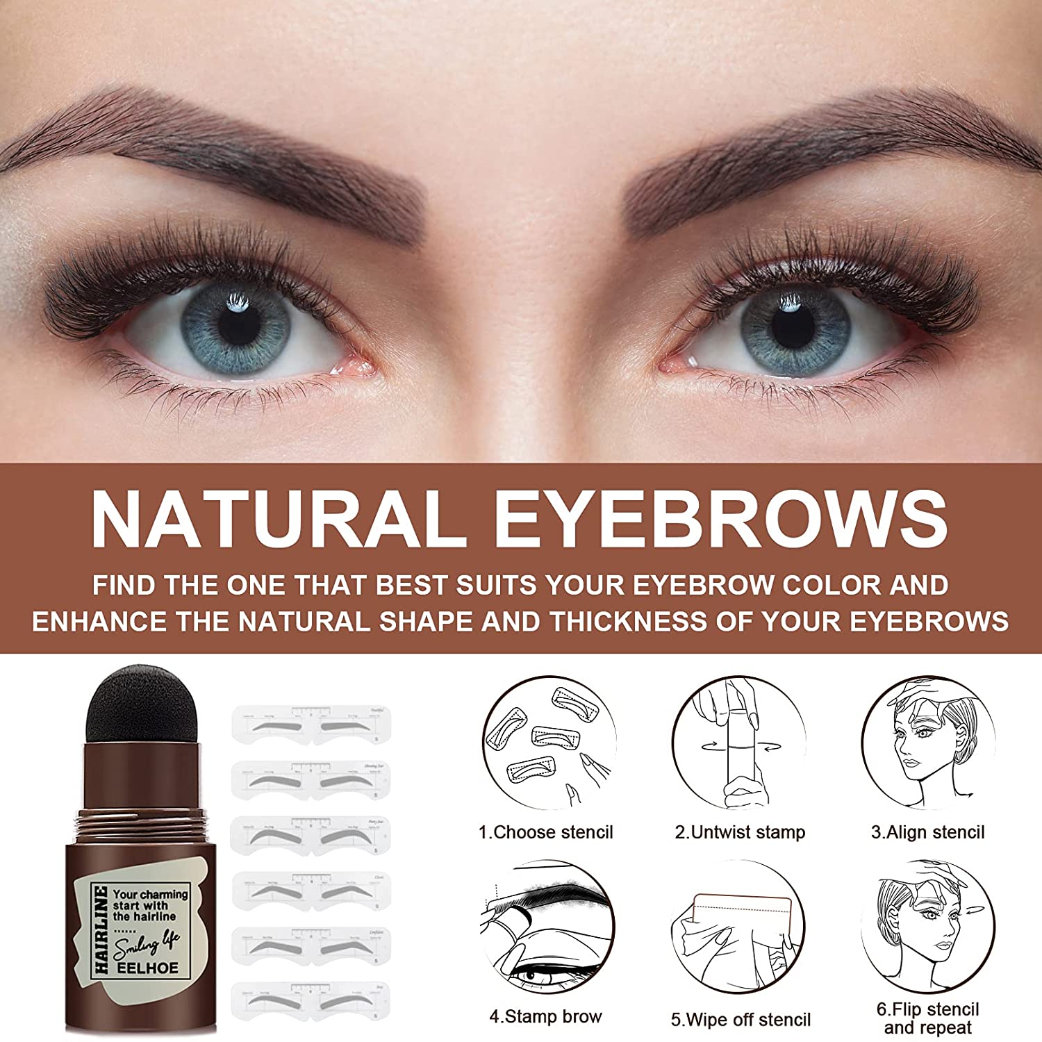 One Step Eyebrow Stamp Shaping Kit,Waterproof Eyebrow Stamp Kit,6 Pairs Reusable Eyebrow Stencils,Ey