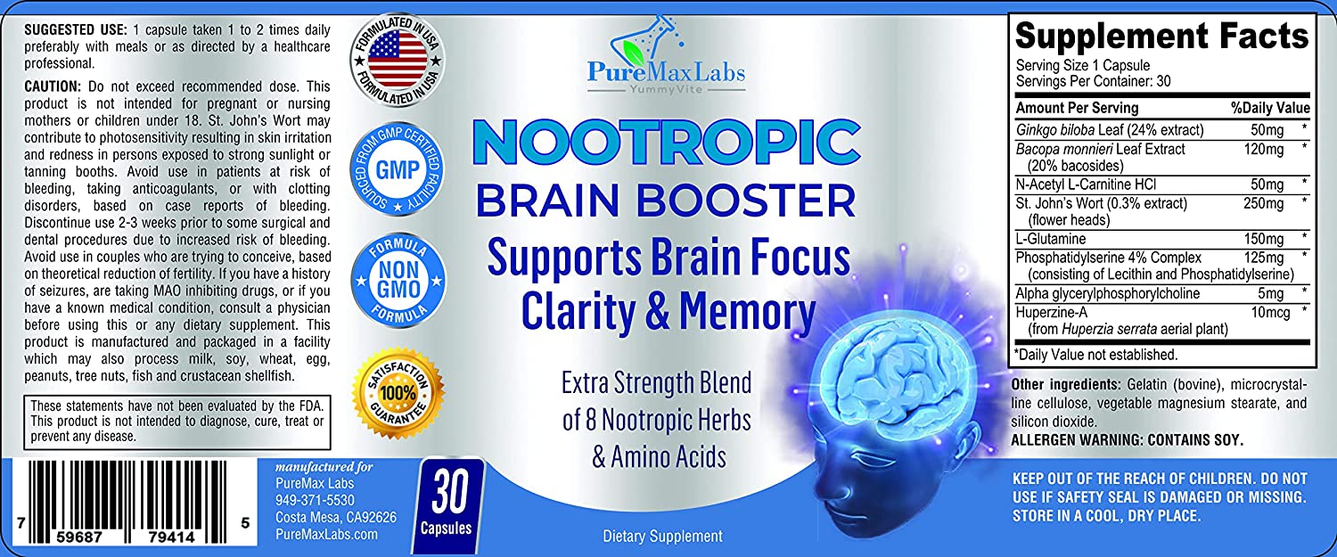 Nootropic Brain Booster for Focus, Energy, Memory, Concentration & Clarity, Reduces Stress & Anxiety