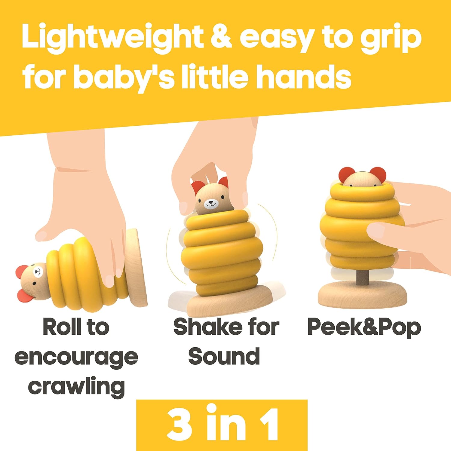 kipod Wooden Rattle \xe2\x80\x93 Bear pop up Infant Toys \xe2\x80\x93 Natural Safe Materials \xe2\x8