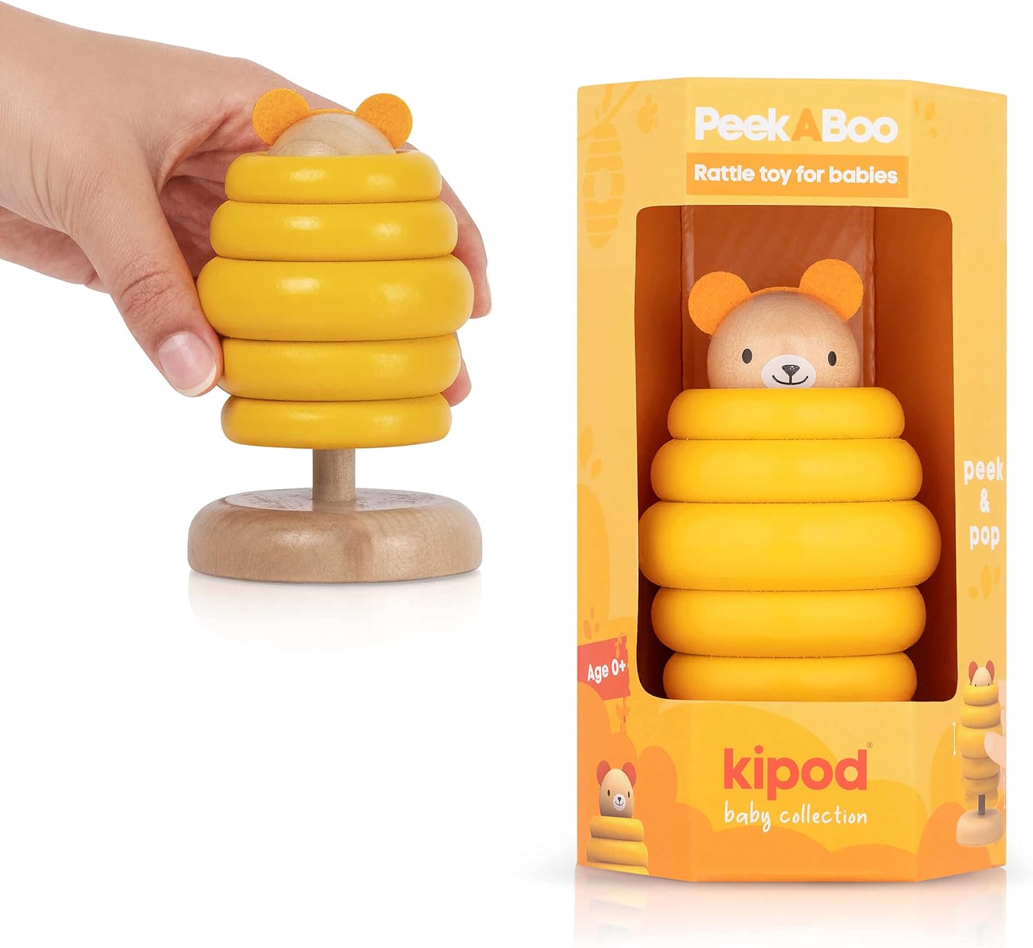 kipod Wooden Rattle \xe2\x80\x93 Bear pop up Infant Toys \xe2\x80\x93 Natural Safe Materials \xe2\x8