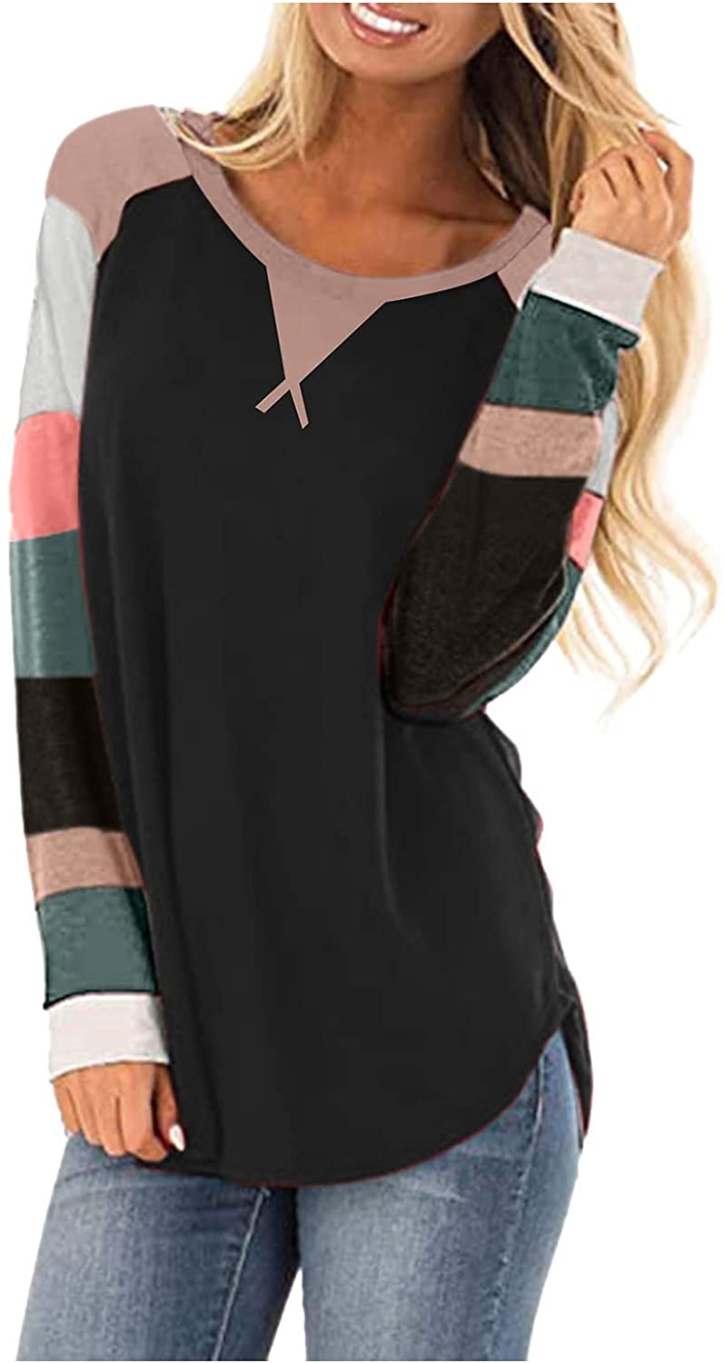 HHoo88 Womens Long Sleeve Tops,Women Casual Color Block Stripe Print Sweatshirt Loose Fit Comfy Crew