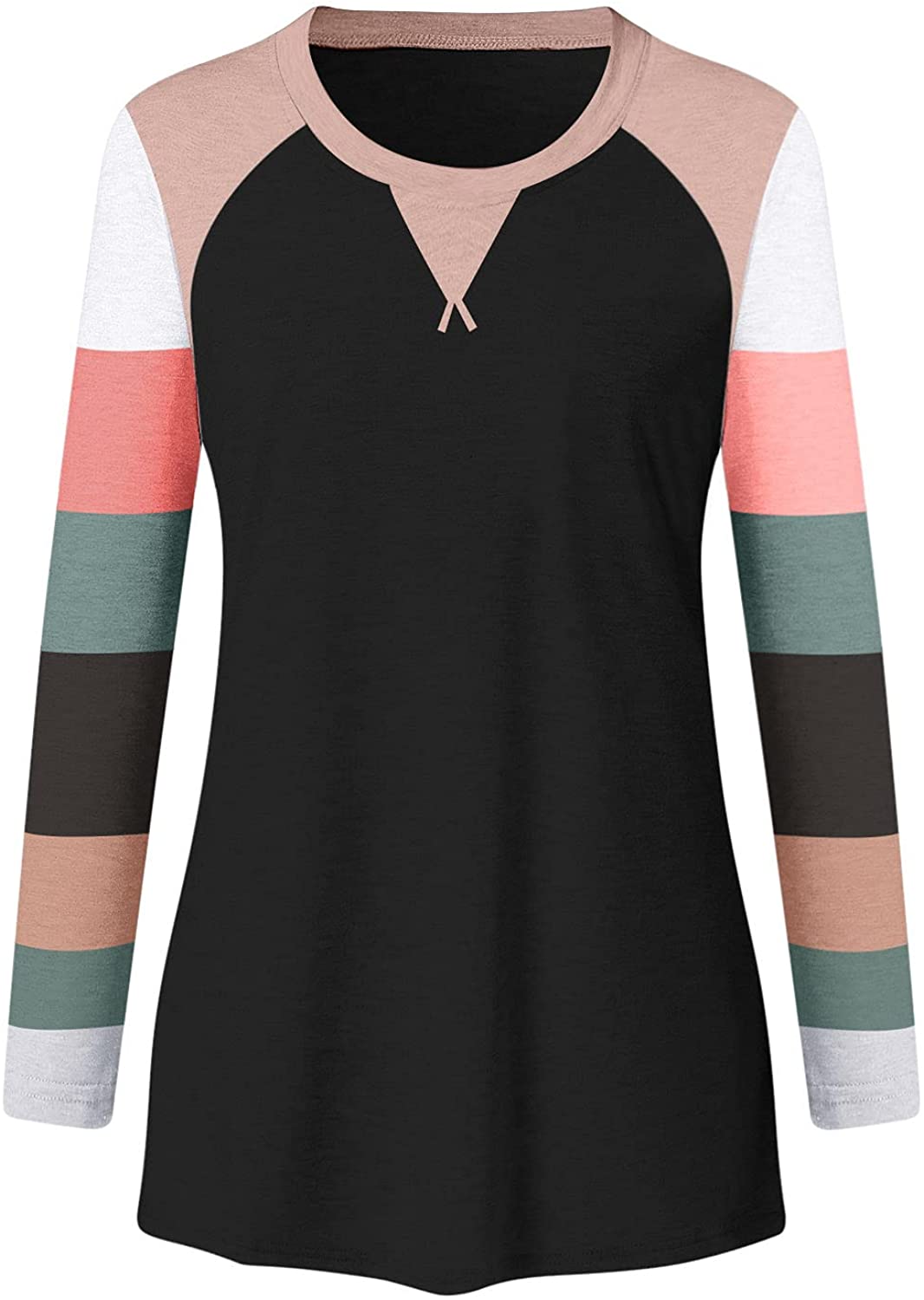 HHoo88 Womens Long Sleeve Tops,Women Casual Color Block Stripe Print Sweatshirt Loose Fit Comfy Crew