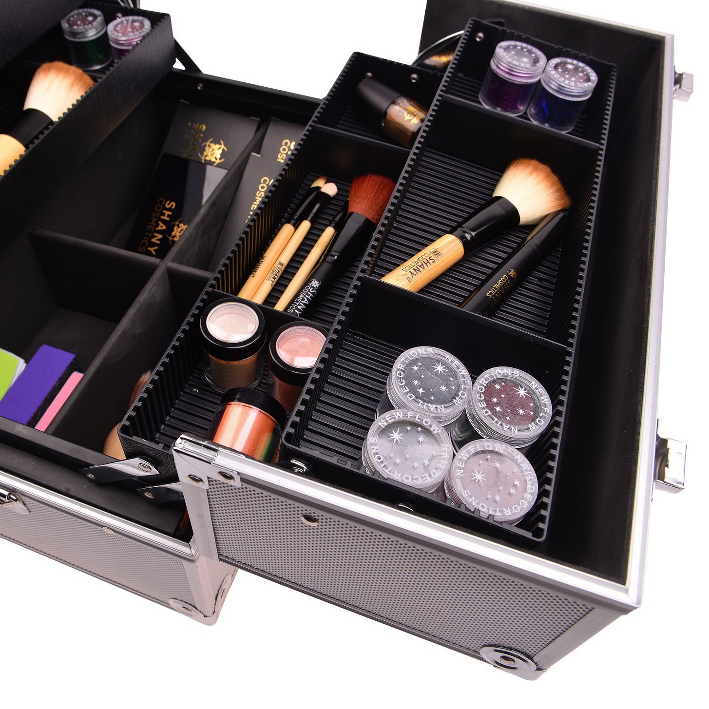 SHANY Essential Pro Makeup Train Case with Shoulder Strap and Locks - Silver