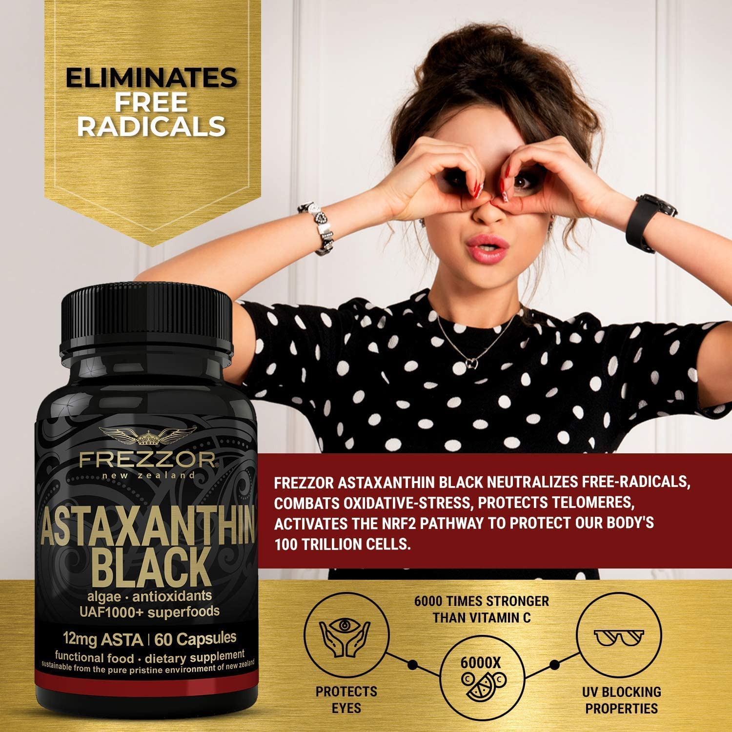 FREZZOR Astaxanthin Black + FREZZOR Calcium Plus Combo-Pack, 12mg Astaxanthin Supplement, Antioxidan