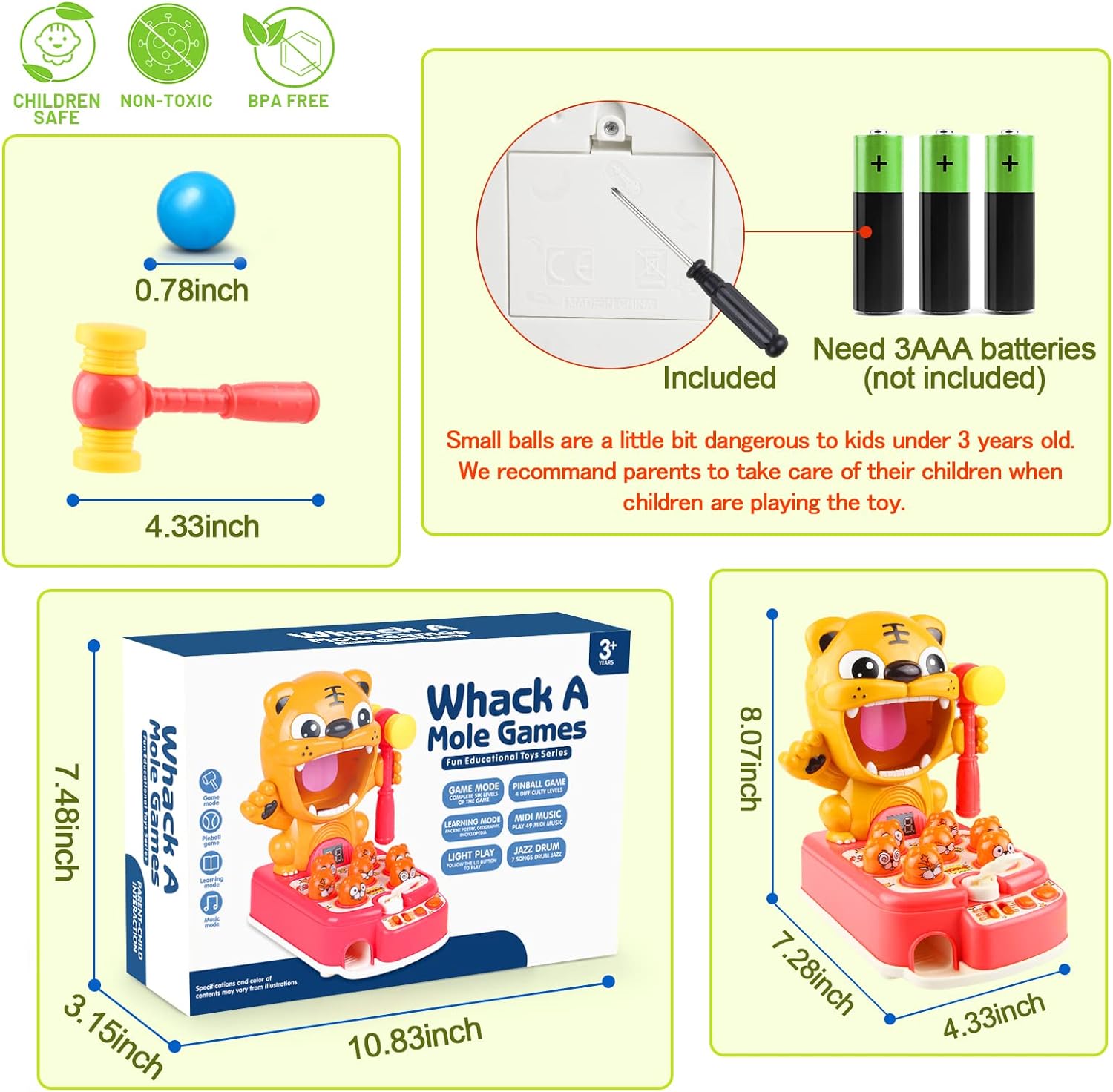 Whack A Tiger Mole Game for Kids, Electronic Arcade Game Toys for 3 4 5 6 7 Year Old Boys & Girls Ha