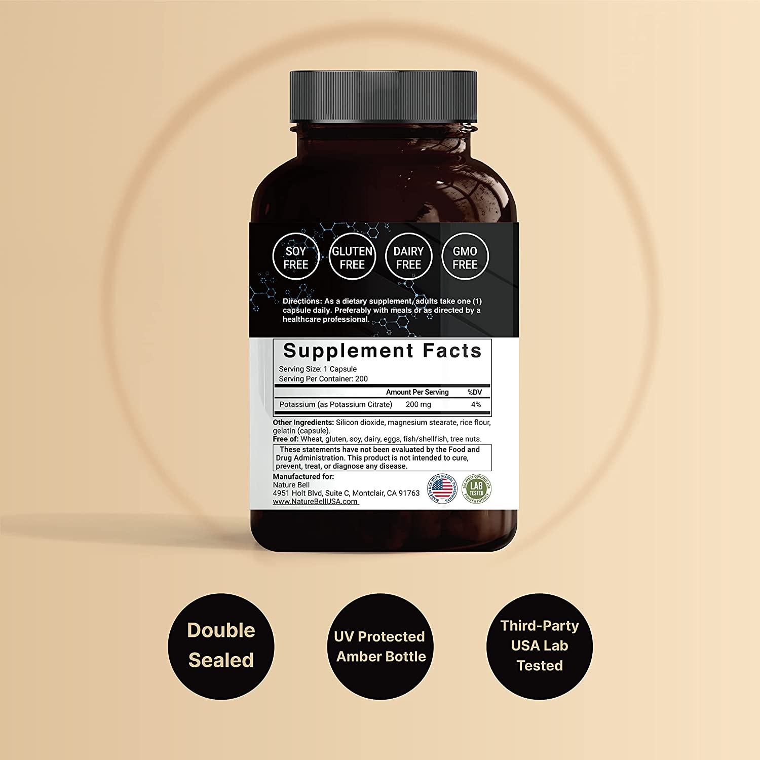 Maximum Strength Potassium Citrate Capsules, 200mg, 200 Counts, Essential Electrolyte Supplement, Su