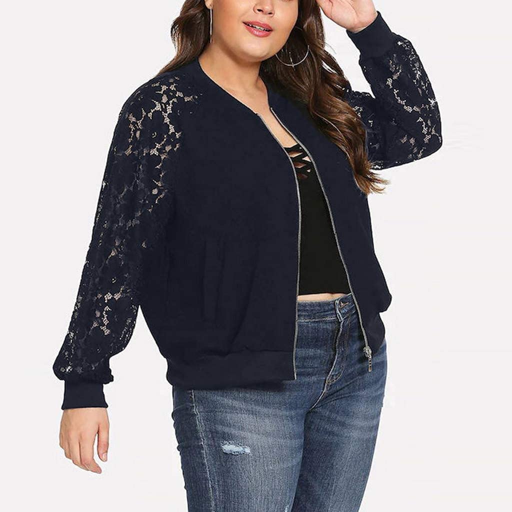 WUAI-Women Bomer Jackets Plus Size Casual Lace Loose Long Sleeve Coat Outwear Cardigans Tops