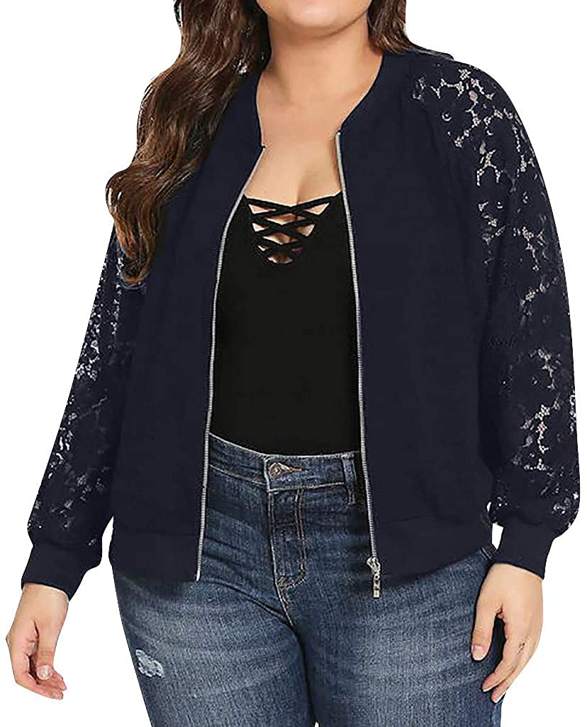 WUAI-Women Bomer Jackets Plus Size Casual Lace Loose Long Sleeve Coat Outwear Cardigans Tops