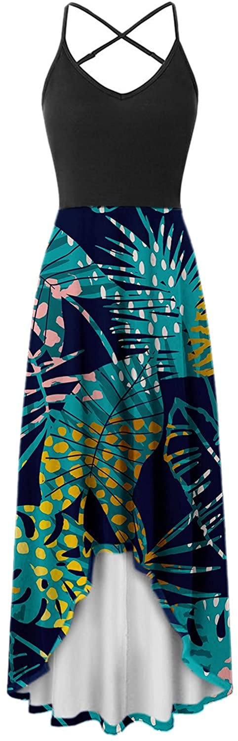 WYTong Women Sexy V-Neck Elegant Party Dress Irregular Hem Prints Long Party Dress Spaghetti Strap D