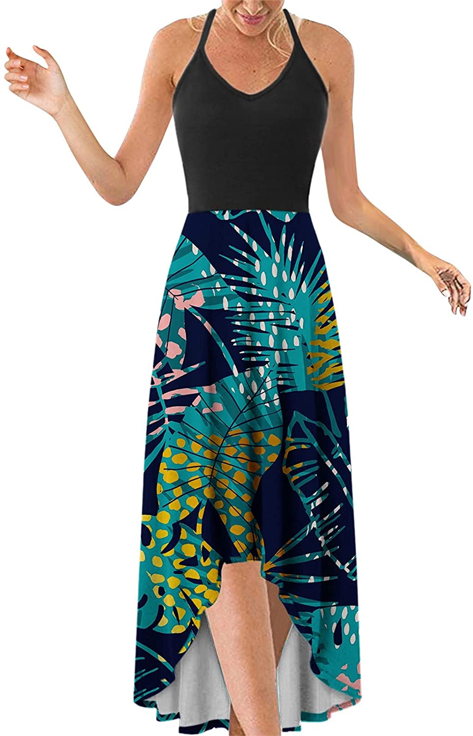 WYTong Women Sexy V-Neck Elegant Party Dress Irregular Hem Prints Long Party Dress Spaghetti Strap D