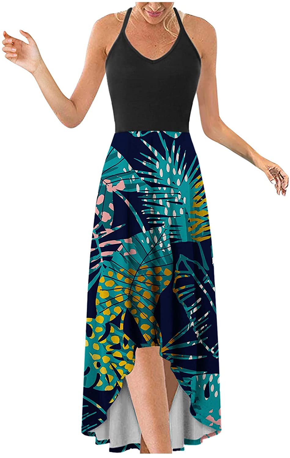 WYTong Women Sexy V-Neck Elegant Party Dress Irregular Hem Prints Long Party Dress Spaghetti Strap D