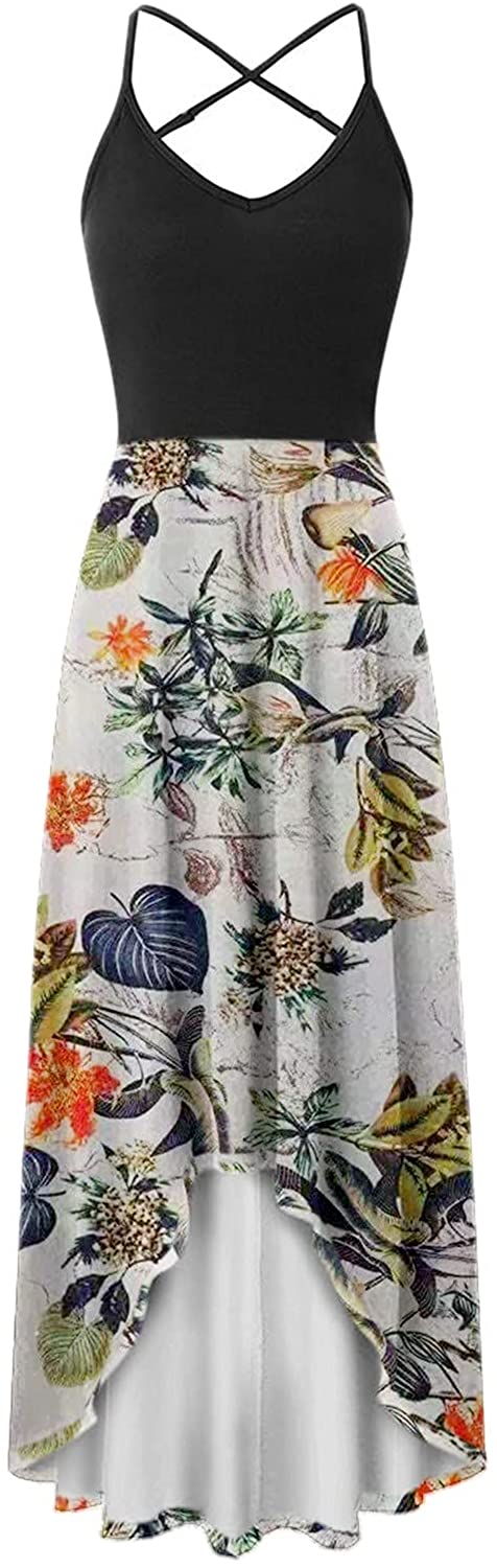 WYTong Women Party Maxi Dress V-Neck Elegant Irregular Hem Prints Summer Beach Dress Spaghetti Strap
