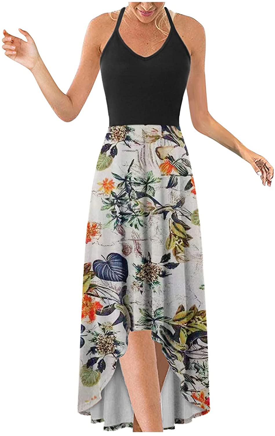 WYTong Women Party Maxi Dress V-Neck Elegant Irregular Hem Prints Summer Beach Dress Spaghetti Strap