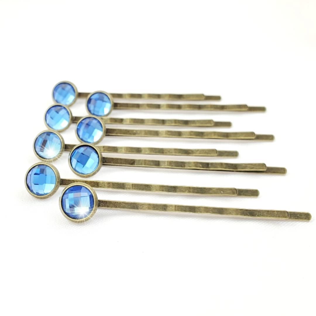 Crystal Hair Pins for Women, Decorative Bobby Pin Set of 8 Bright Blue Hairpins, Sparkly Glass Rhine