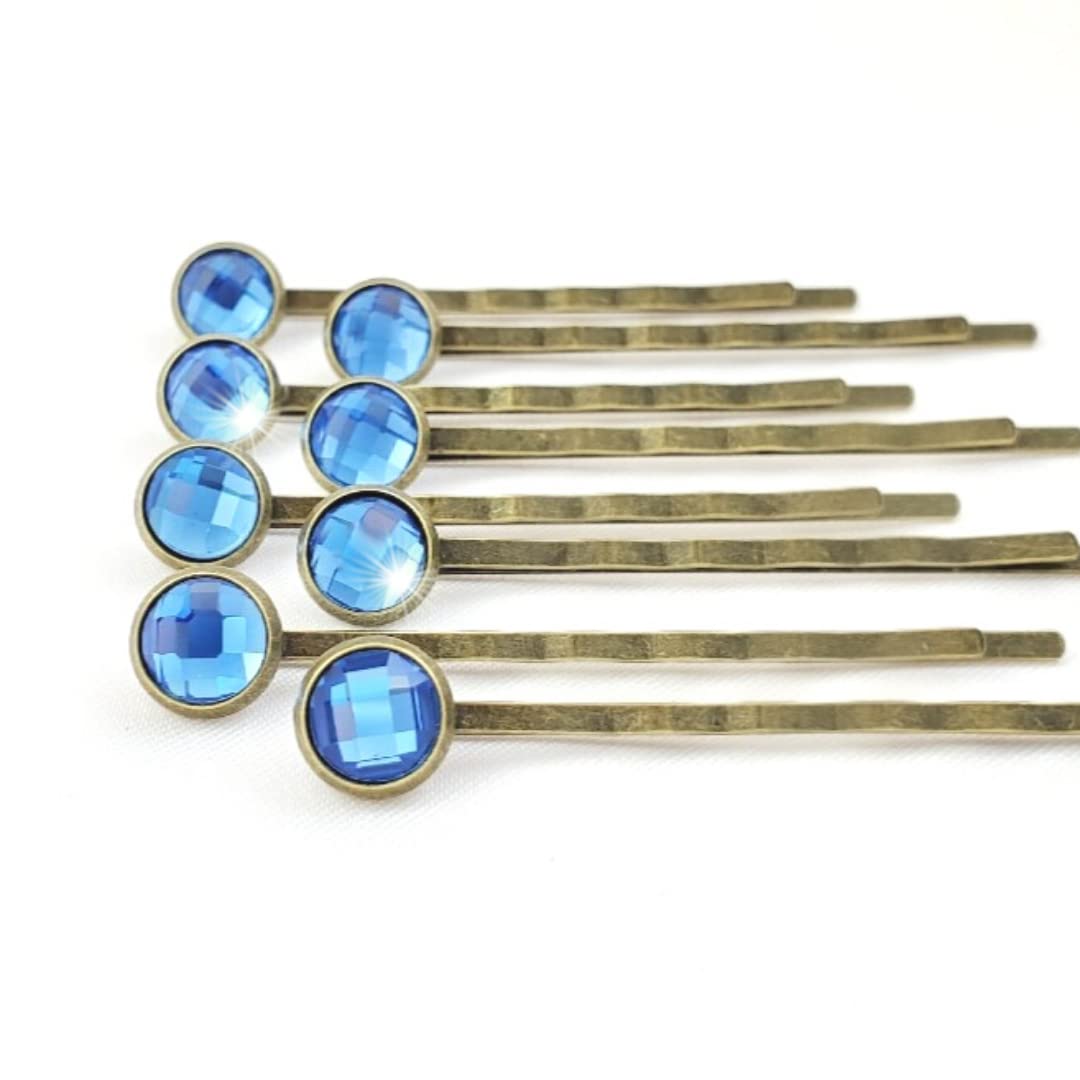 Crystal Hair Pins for Women, Decorative Bobby Pin Set of 8 Bright Blue Hairpins, Sparkly Glass Rhine
