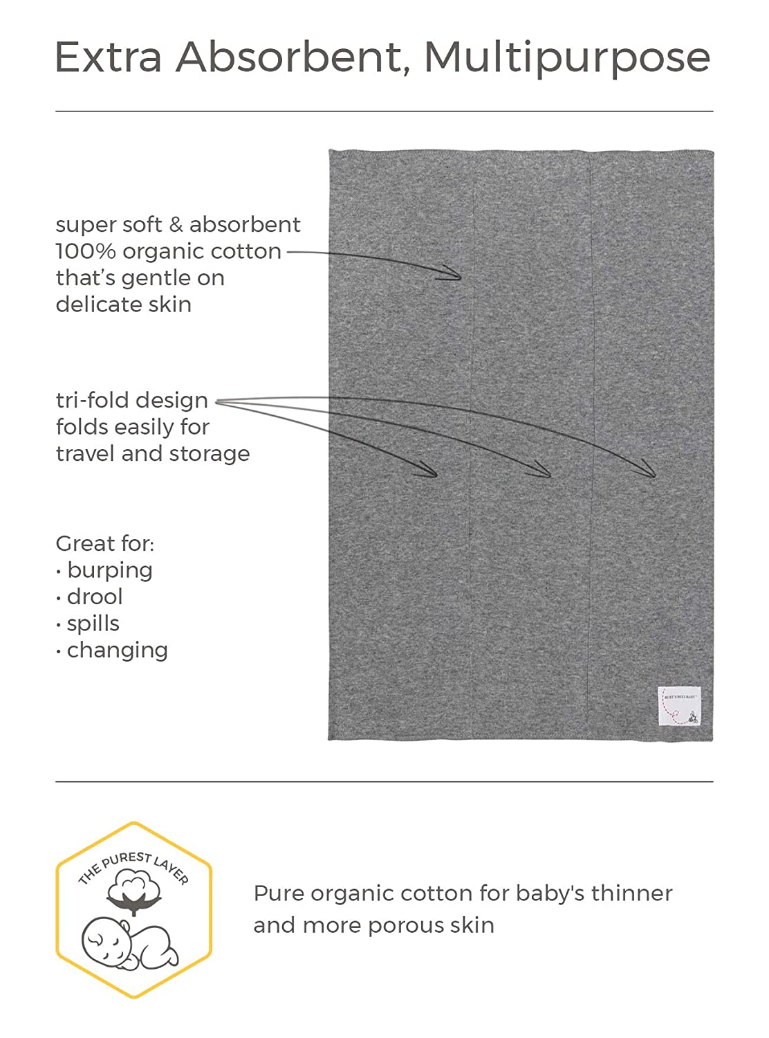 Burt's Bees Baby - Burp Cloths, 5-Pack Extra Absorbent 100% Organic Cotton Burp Cloths, Cloud White