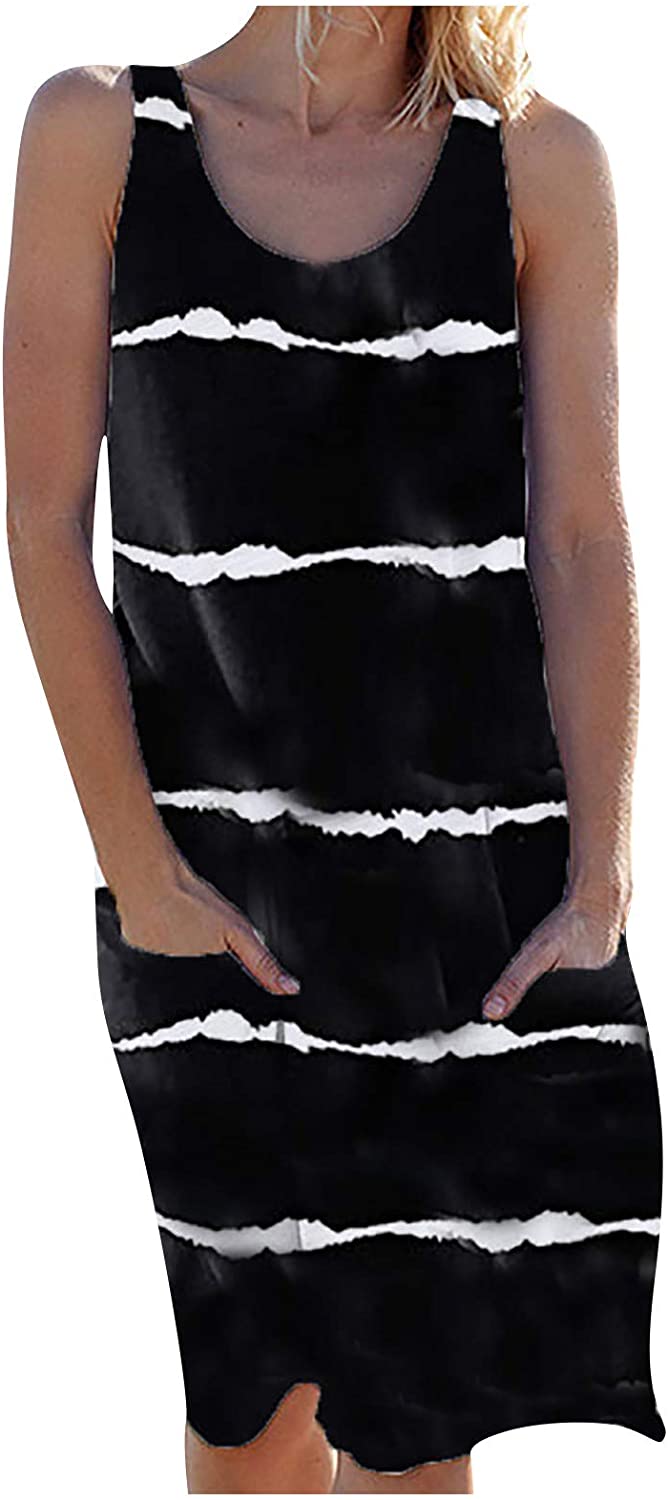 Womens Midi Dresses, Sleeveless Crew Neck Loose Striped Print Pullover Pockets Tunic Tank Knee-Lengt