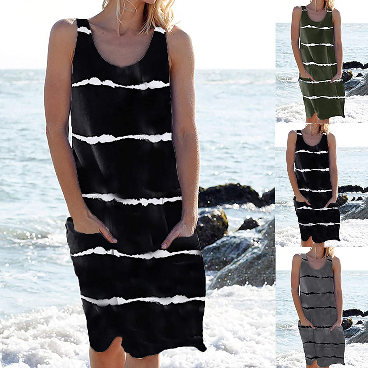 Womens Midi Dresses, Sleeveless Crew Neck Loose Striped Print Pullover Pockets Tunic Tank Knee-Lengt