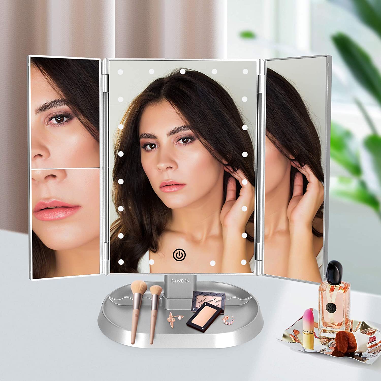 deweisn Trifold Lighted Vanity Makeup Mirror with 21 LED Lights,1/ 2/3 Magnification and Dimming,Two