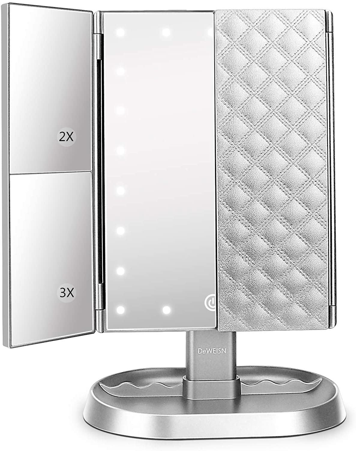 deweisn Trifold Lighted Vanity Makeup Mirror with 21 LED Lights,1/ 2/3 Magnification and Dimming,Two