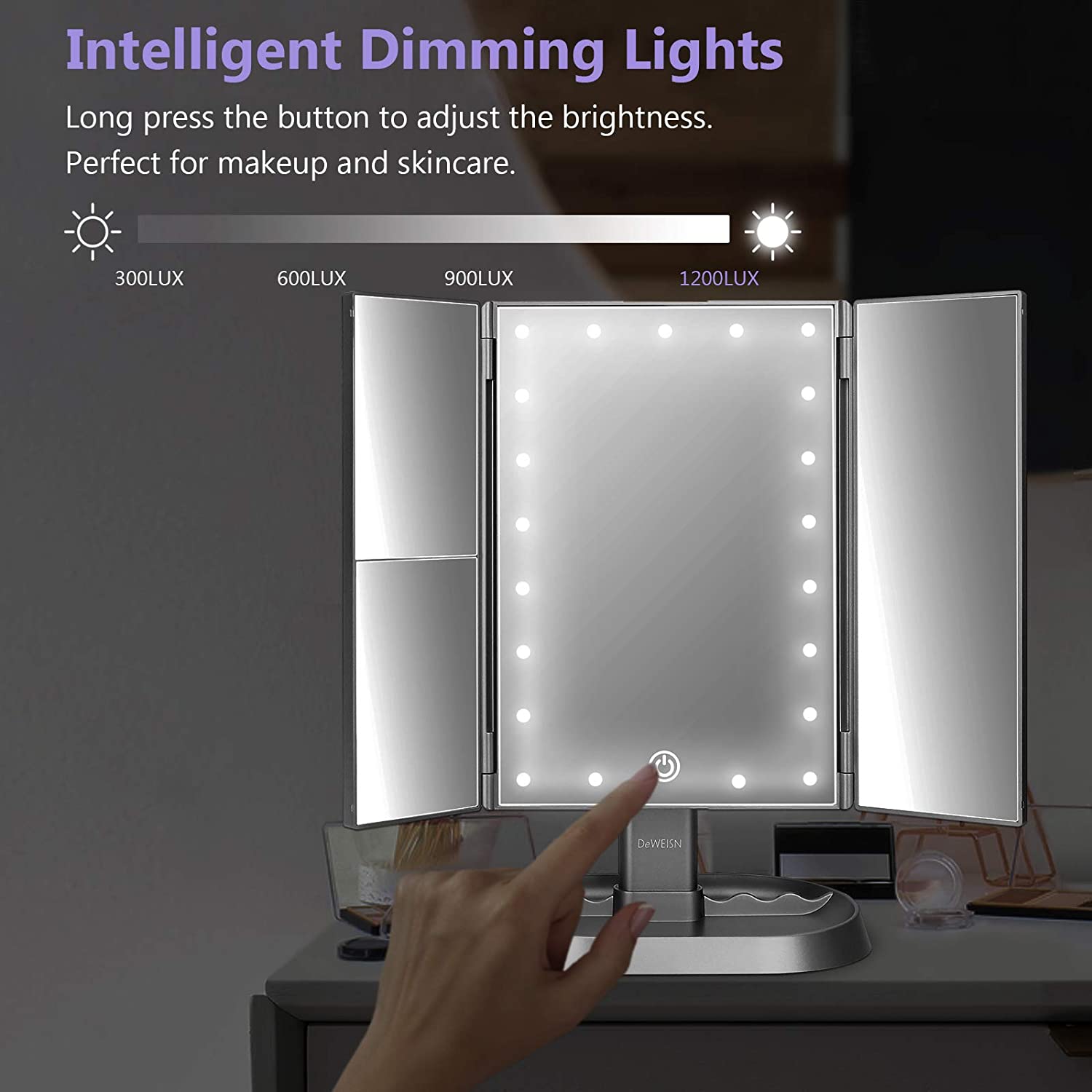 deweisn Trifold Lighted Vanity Makeup Mirror with 21 LED Lights,1/ 2/3 Magnification and Dimming,Two