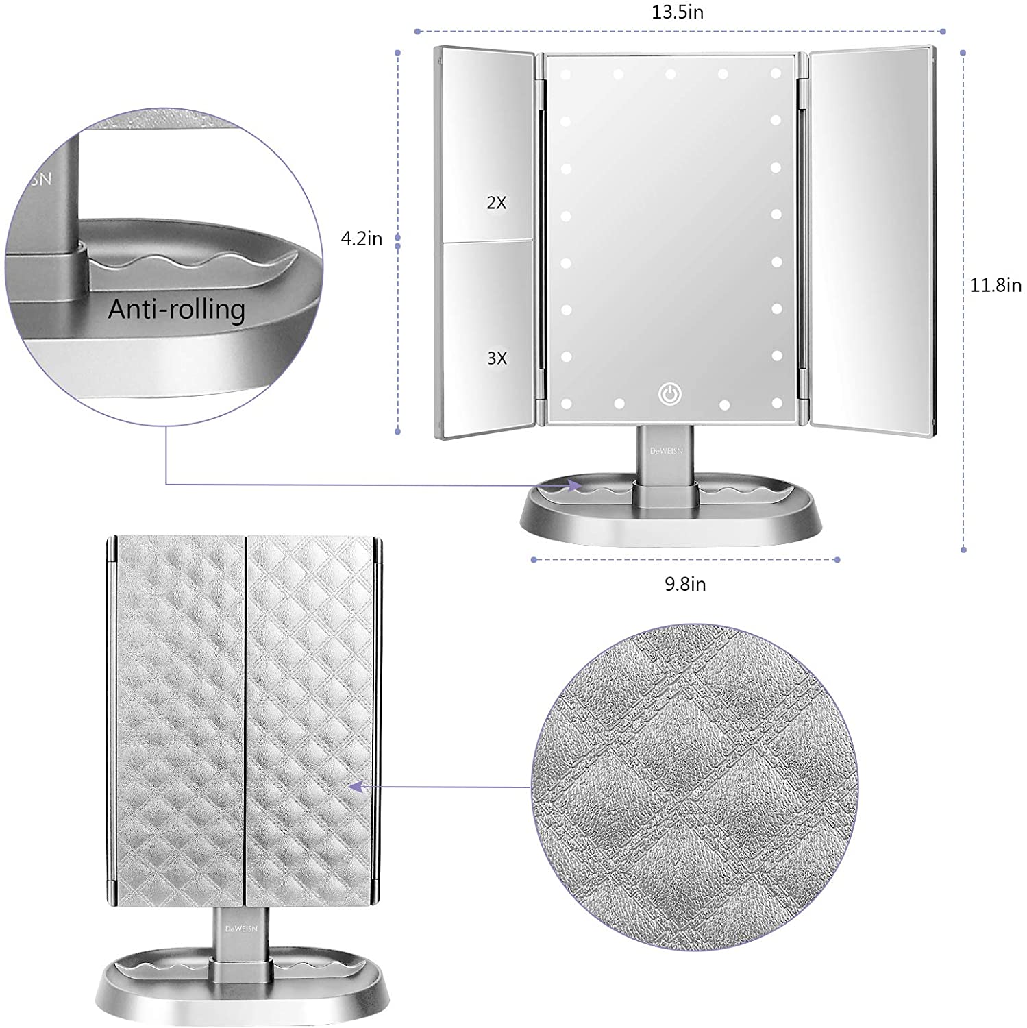 deweisn Trifold Lighted Vanity Makeup Mirror with 21 LED Lights,1/ 2/3 Magnification and Dimming,Two