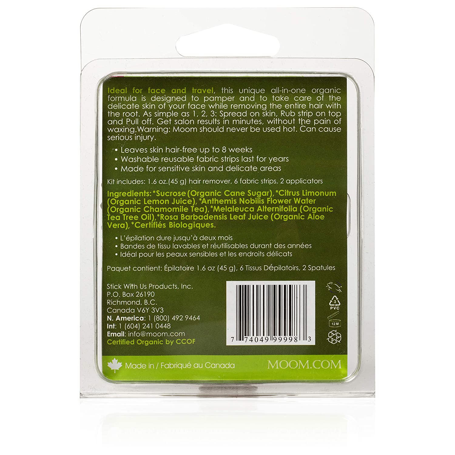 MOOM Organic Travel Wax Kit with Aloe, Tea Tree Oil & Chamomile for Face - Natural Sugar Waxing Glaz