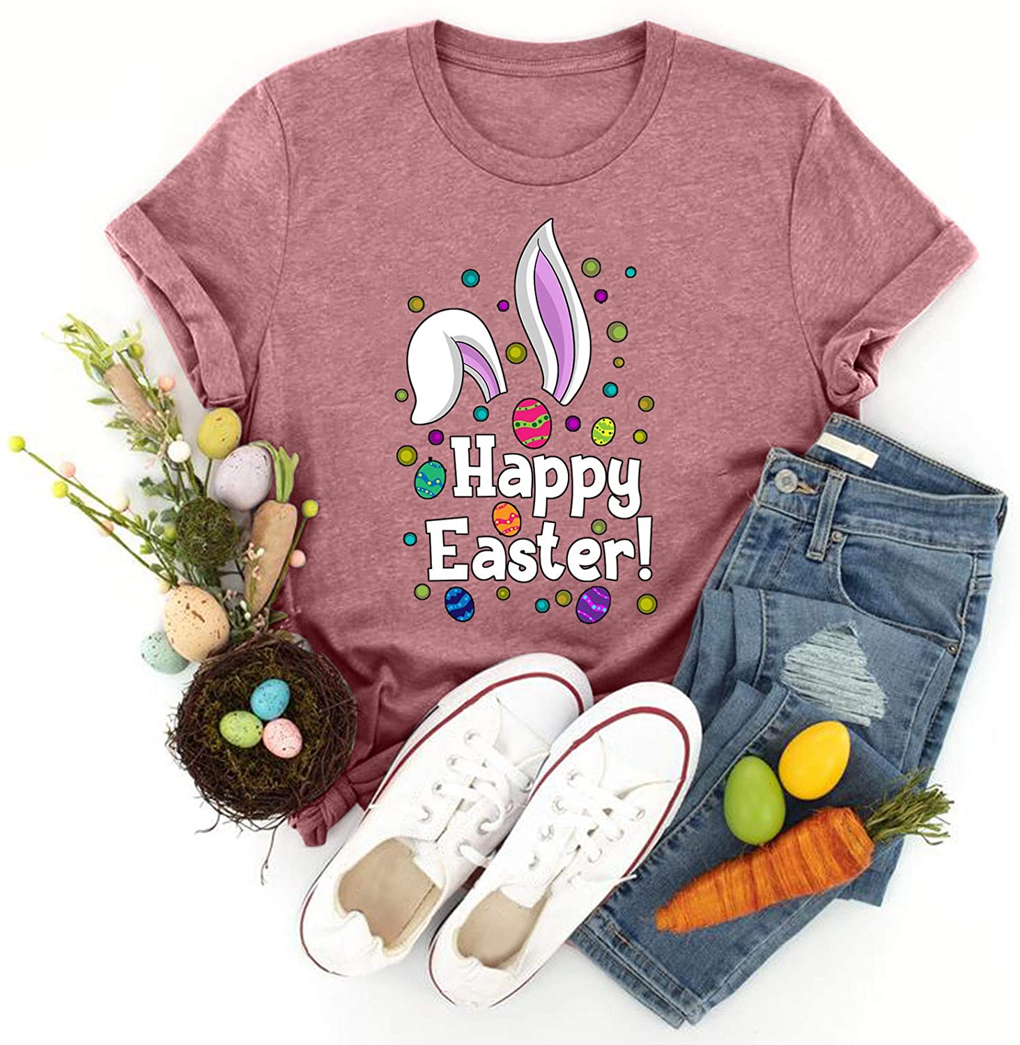 Dosoop Womens Happy Easter Letter Printed T-Shirt Short Sleeve Graphic Shirts Tees Crewneck Casual L