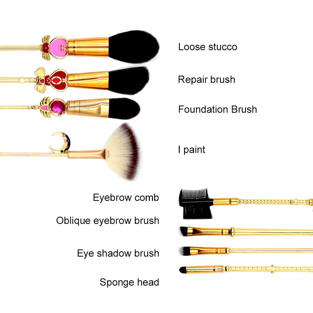 KUASU Sailor Moon Makeup Brush Set w/Pouch - Rose Gold Cosmetic Brushes With Sailor Moon Gems (JIN19