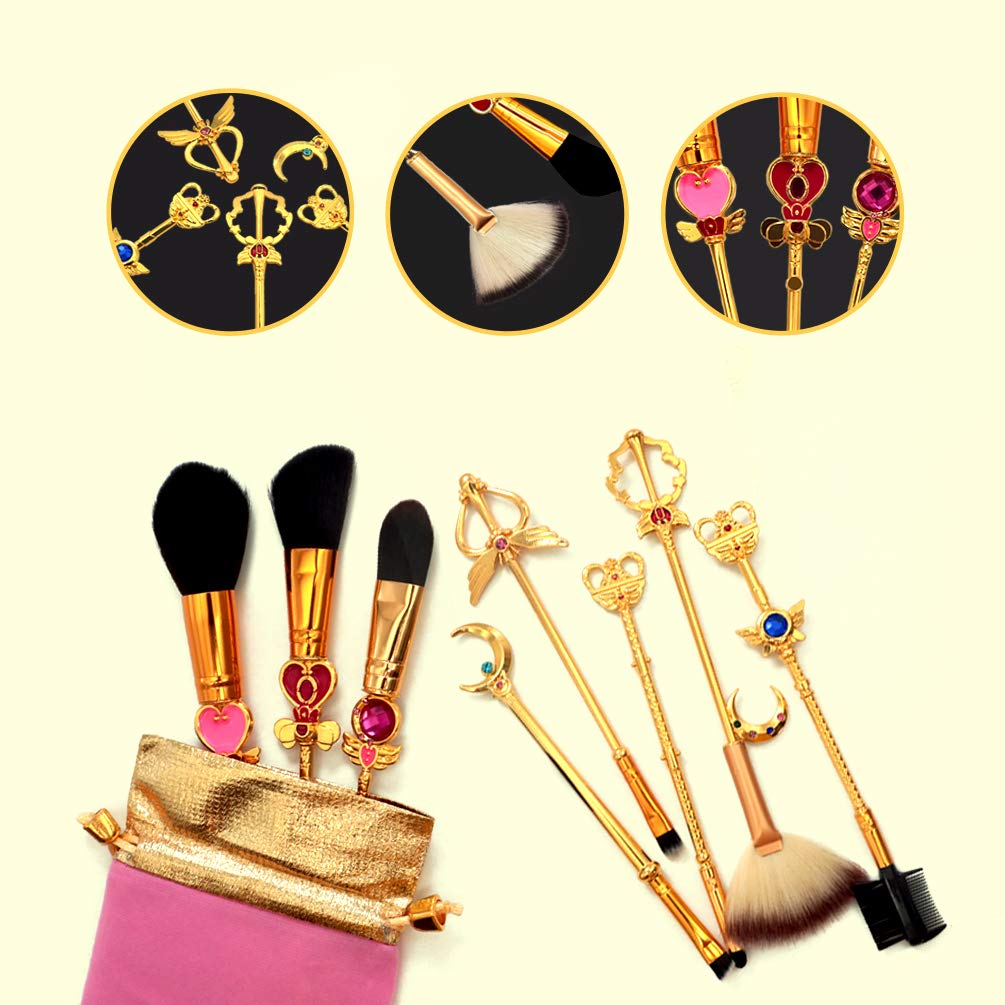 KUASU Sailor Moon Makeup Brush Set w/Pouch - Rose Gold Cosmetic Brushes With Sailor Moon Gems (JIN19