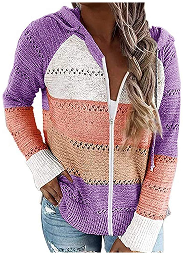 Dosoop Women Shirt 2020 Blouse Sweater Hoodies Patchwork Long Sleeves Hooded Cardigan Knitted Pullov