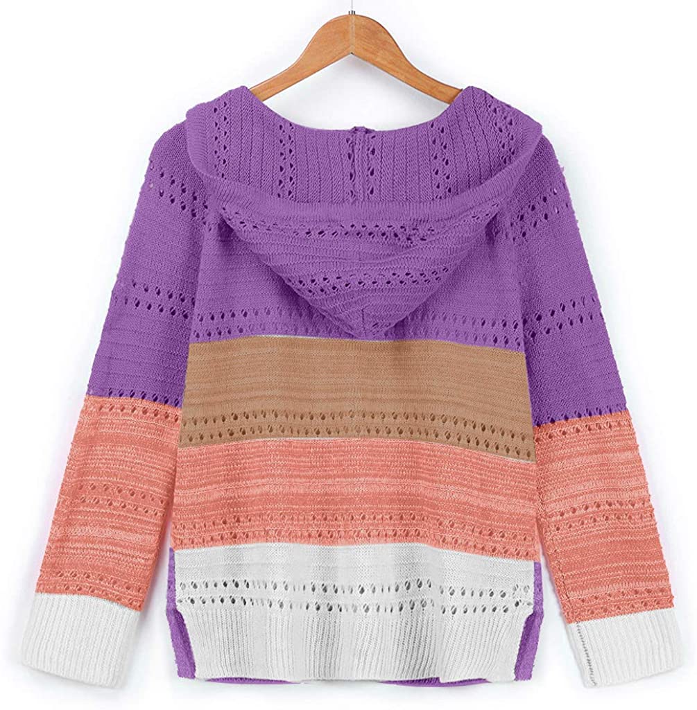 Dosoop Women Shirt 2020 Blouse Sweater Hoodies Patchwork Long Sleeves Hooded Cardigan Knitted Pullov