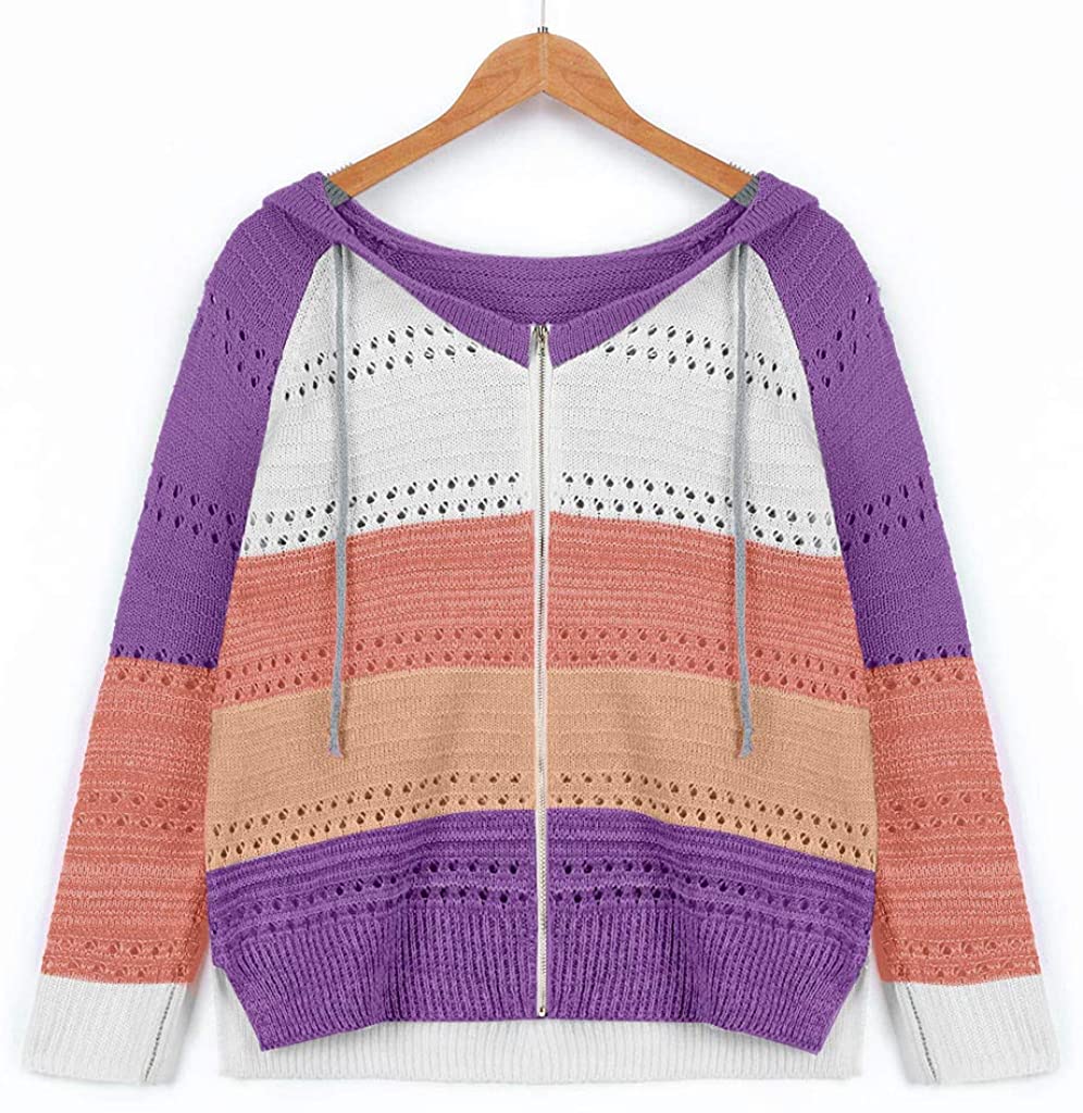 Dosoop Women Shirt 2020 Blouse Sweater Hoodies Patchwork Long Sleeves Hooded Cardigan Knitted Pullov