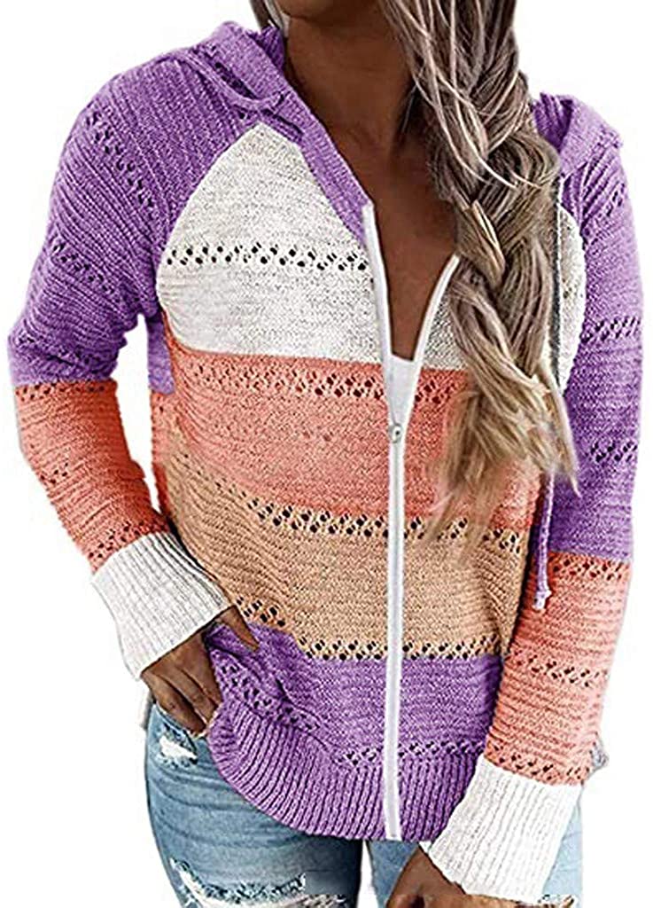 Dosoop Women Shirt 2020 Blouse Sweater Hoodies Patchwork Long Sleeves Hooded Cardigan Knitted Pullov