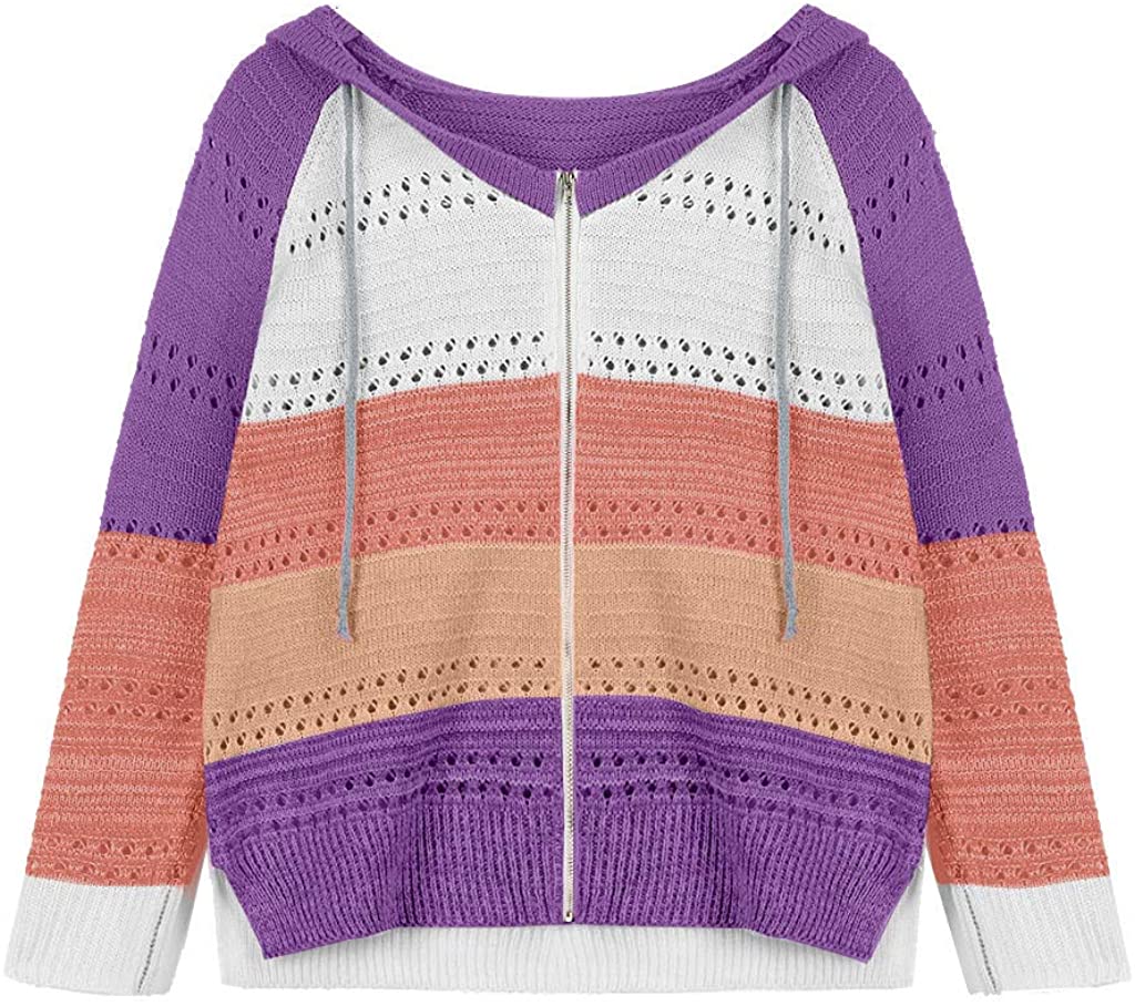 Dosoop Women Shirt 2020 Blouse Sweater Hoodies Patchwork Long Sleeves Hooded Cardigan Knitted Pullov