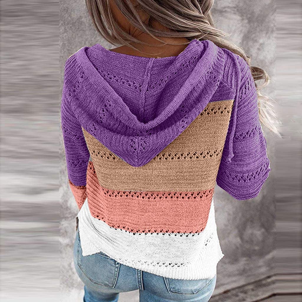 Dosoop Women Shirt 2020 Blouse Sweater Hoodies Patchwork Long Sleeves Hooded Cardigan Knitted Pullov