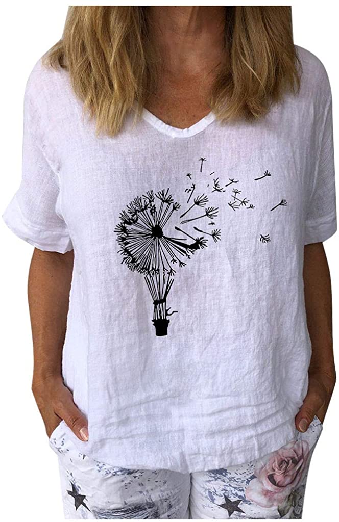 Dosoop Women Dandelions Print Linen Shirts Summer Short Sleeve Basic V Neck Loose Casual Tops T-Shir